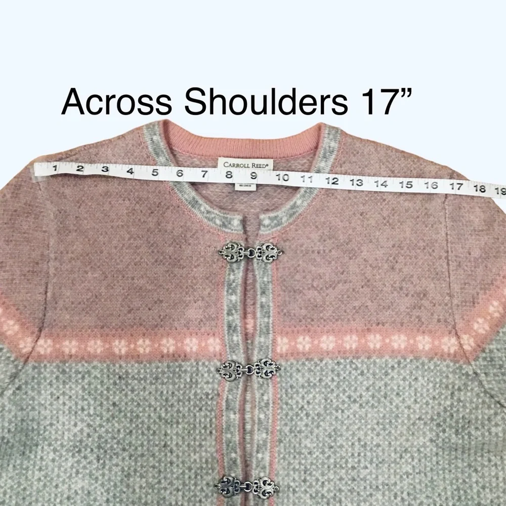 Vintage Carroll Reed Nordic Wool Cardigan Fair Isle Pink/Gray Metal Clasp Size L